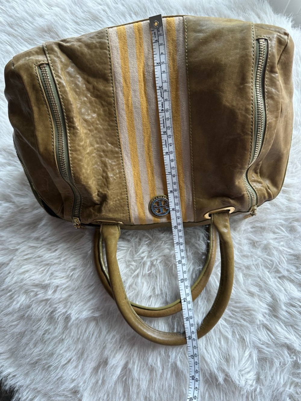 Tory Burch Matilda green tea .. Yellow Striped Leather Satchel bag - Picture 8 of 10